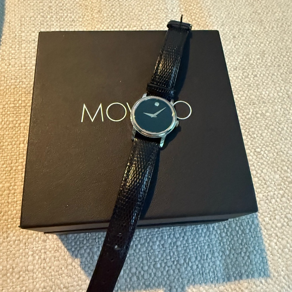 Movado Black Leather Watch Sleek Minimalist Design